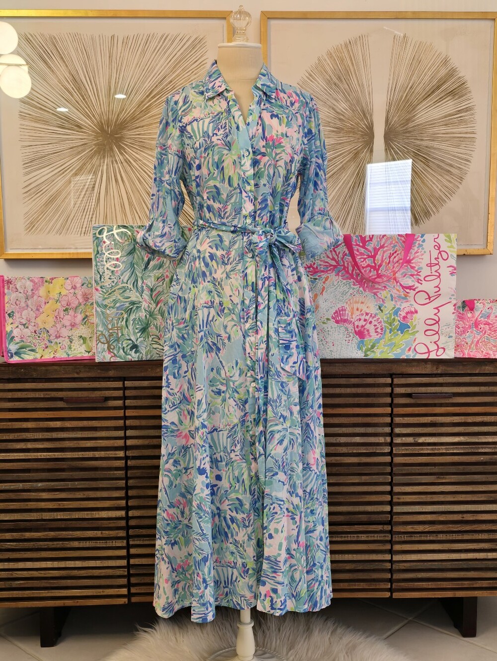 🌴 Lilly Pulitzer Kalina Midi Belted Shirtdress In Blue Ibiza Cabana Cocktail - Picture 2 of 9